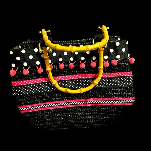 St. John's Bay Handbags - Adorable St. John’s Bay woven bag in pink & black with wooden handles. EUC